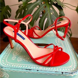 Stuart Weitzman Red Patent Leather Heel Strappy Sandal